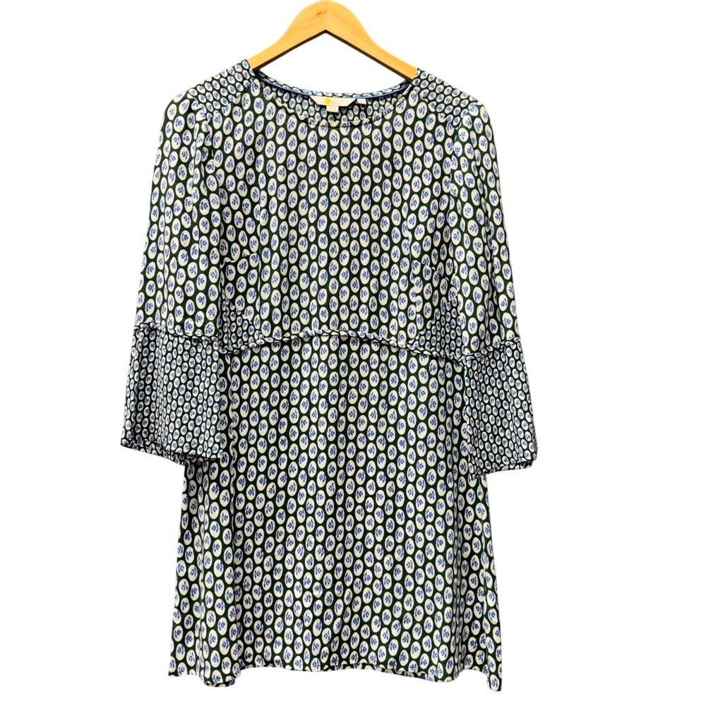 Boden Dress Womens 8 Geometric Green Blue Bell Sleeve Shift 3/4 Sleeve Coastal